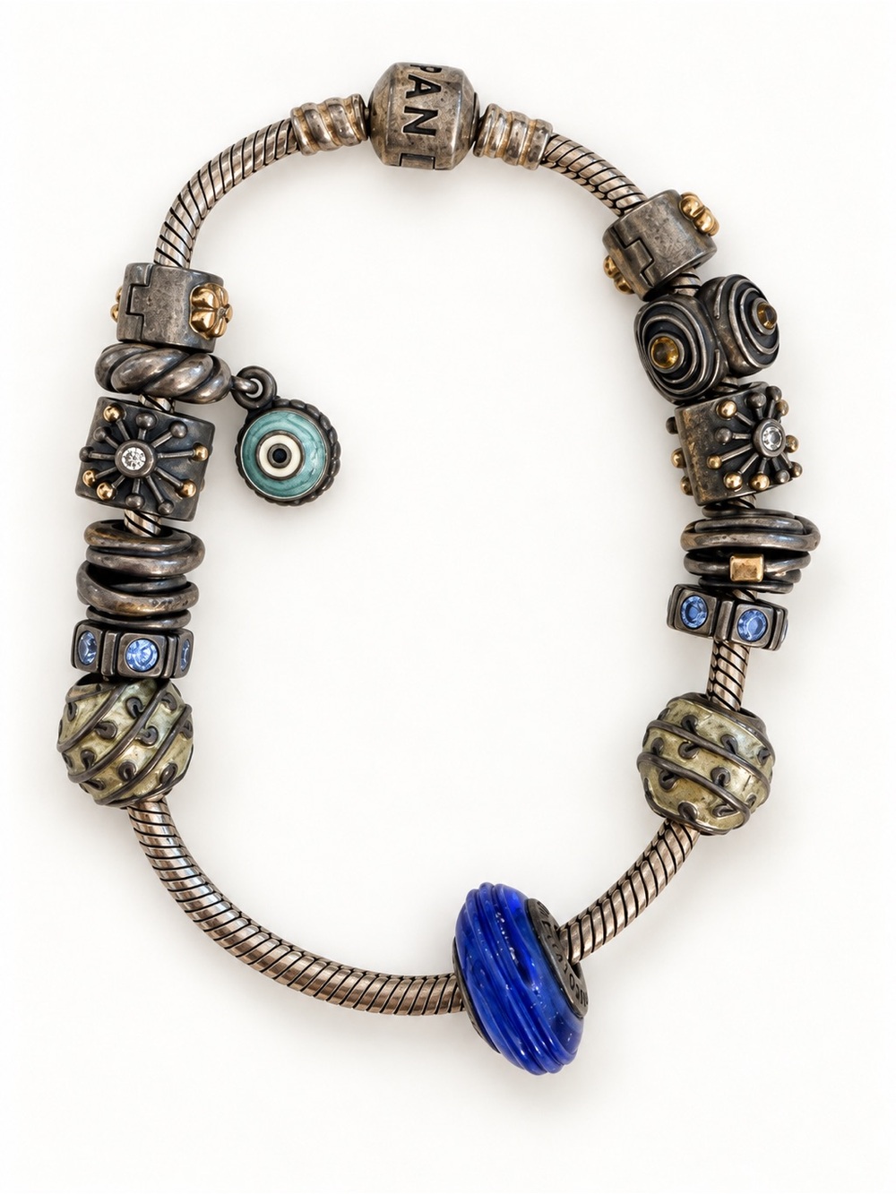 Vintage Pandora Two-Tone Sterling Bracelet with 14 Charms & Murano